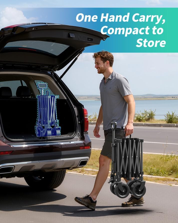45.5" L Kitsure Collapsible Wagon - Heavy Duty Foldable Wagon with 440lbs Capacity, Adjustable Handle, Shopping Cart with Wheels for Camping, Groceries, Black, 45.5" x 24.0" x 38.0"
