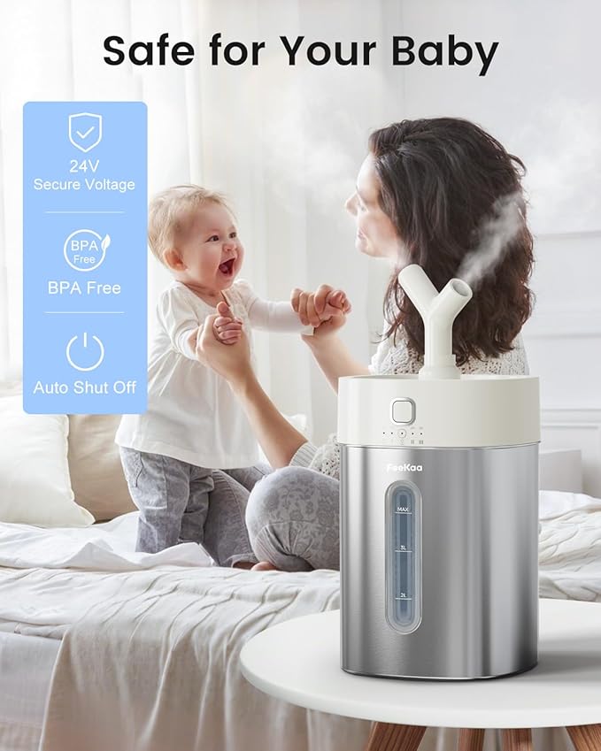 Feekaa Stainless Steel Humidifier, 4L/1Gal Cool Mist Humidifiers for Bedroom up to 500 sq ft, Easy Clean Dishwasher Safe Humidifier Large Room, Humidifiers for Bedroom Nursery Baby Living Room Office