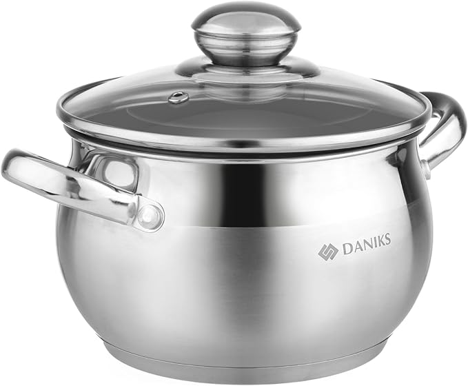 Daniks Classic Stainless Steel Stock Pot with Glass Lid – Induction 2 Quart, Dishwasher Safe, Measuring Scale, For Soup, Pasta, Stew, Silver
