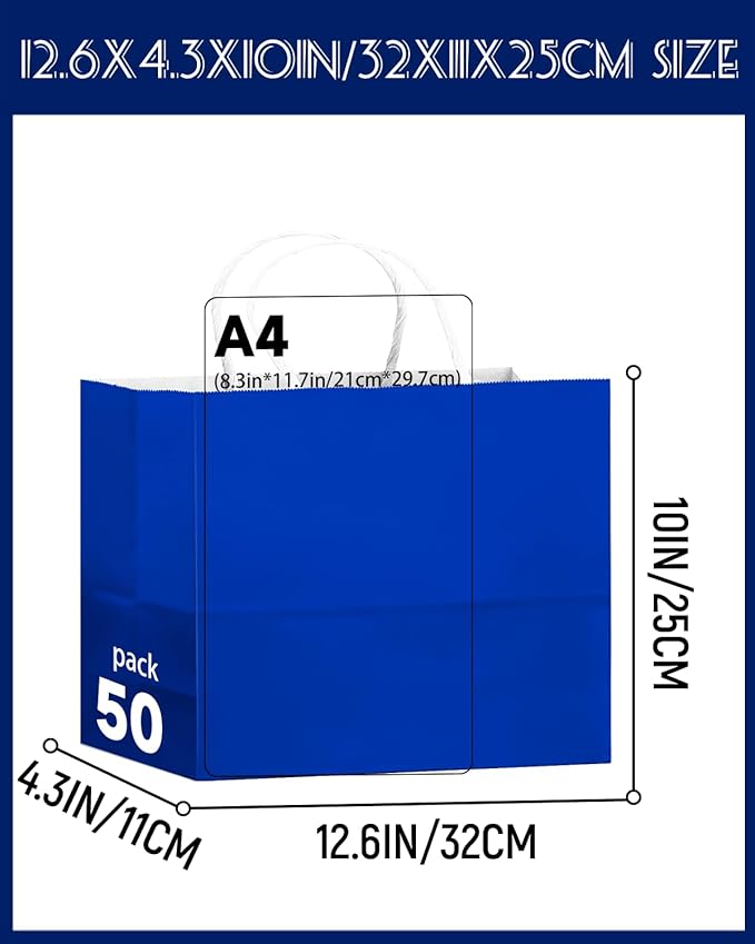 qiqee 50-Packs Diamond Blue Paper Gift Bags with Handles Bulk 12.6"x4.3"x10" Wide Large Size Party Favor Bags Multiple Uses