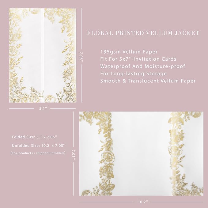 PONATIA 50 PCS Vellum Jackets for 5x7 Invitations- 135gsm Gold Foil Print Floral Printed Vellum Sleeves, Quinceanera Wedding Invitation Cards Wraps, Transparent Christmas Gift Cards Jackets