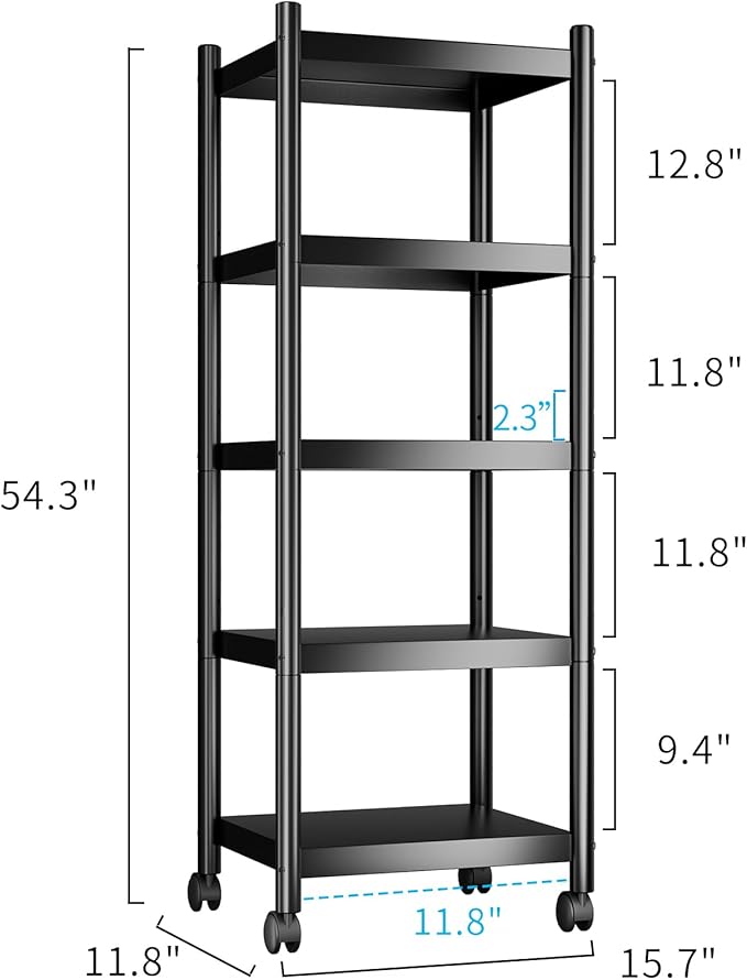 VETALLO Metal Shelves 5 Tier Shelving Units,Estantes para Cocina,Storage Rack Shelf for Kitchen,Garage, Pantry, Closet Organizer, Utility Narrow Racks Carts with Wheels (15.7" L x 11.8" W x 54.3" H)