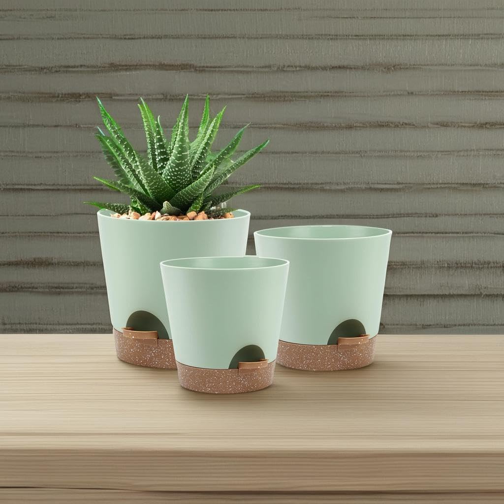 Indoor Self Watering Planters with Drainage Holes and Saucers, 9,8, 7.5 Inches, Green, 3 Pots (Springgreen)