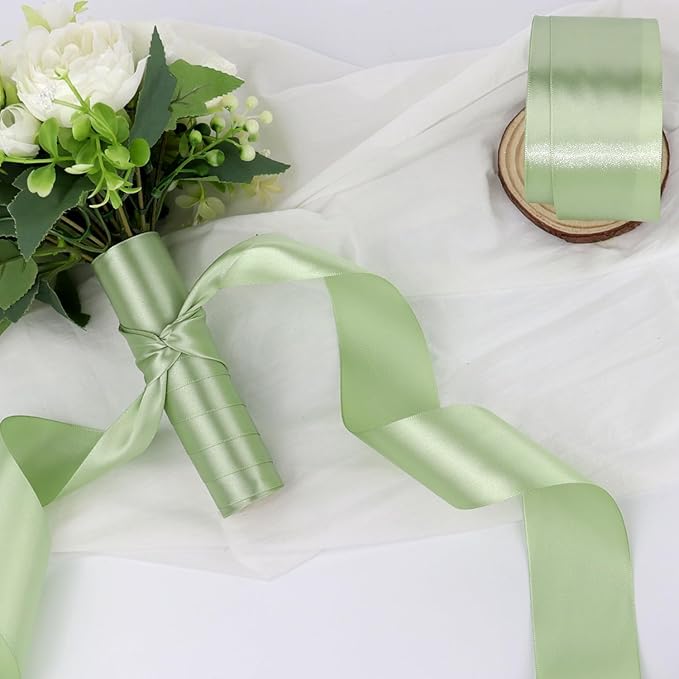 Pale Green Solid Satin Ribbon 2 Inch 25 Yards Solid Polyester Fabric Ribbon for Gift Wrapping Wedding Christmas Baby Shower Birthday Party Decoration Handmade Immortal Flower Craft
