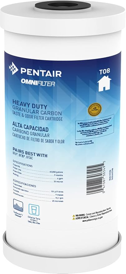 Pentair OMNIFilter TO8 Carbon Water Filter, 10" Heavy Duty Big Blue Whole House Granular Carbon Taste & Odor Replacement Filter Cartridge, 10" x 4.5", 25 Micron