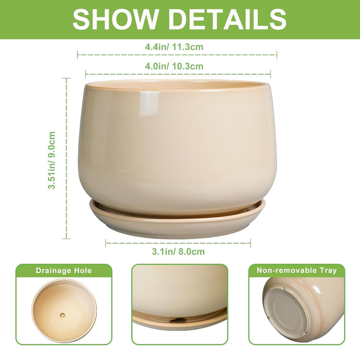 G EPGardening 4 inch Plant Pots - Ceramic Planter with Drainage Hole & Saucer, Small Plant Pots for Indoor Outdoor, Round Succulent Pot, Modern Decorative Flower Pot, Desk Decor, Garden Gifts, Beige