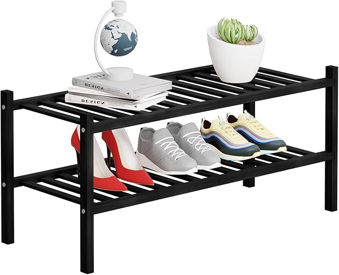 2 Tier Bamboo Shoe Rack Storage Organizer for Closet, Multifunctional Stackable Free Standing Shoe Shelf Organizer for Small Space,Entryway,Hallway,Bathroom 27"x11"x13" (Black, 2 Tier)