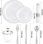 SUT 350 Pcs Silver Plastic Dinnerware Set for 50 Guests, Include: 50 Dinner Plates, 50 Dessert Plates, 50 Pre Rolled Napkins with Silver Silverware, 50 Cups, disposable plates for wedding, party