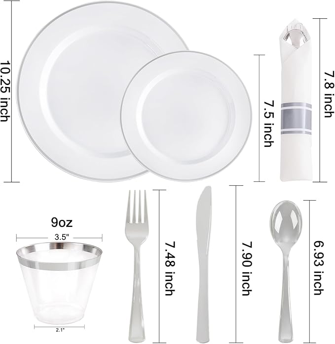 SUT 350 Pcs Silver Plastic Dinnerware Set for 50 Guests, Include: 50 Dinner Plates, 50 Dessert Plates, 50 Pre Rolled Napkins with Silver Silverware, 50 Cups, disposable plates for wedding, party