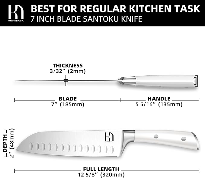 Santoku Knife 7 Inch, Japanese Professional Chef knife High Carbon Stainless Steel, Razor Sharp Chefs Kitchen Knife, Vegetable Chopping Knife for Cooking With Full-tang Handle, White