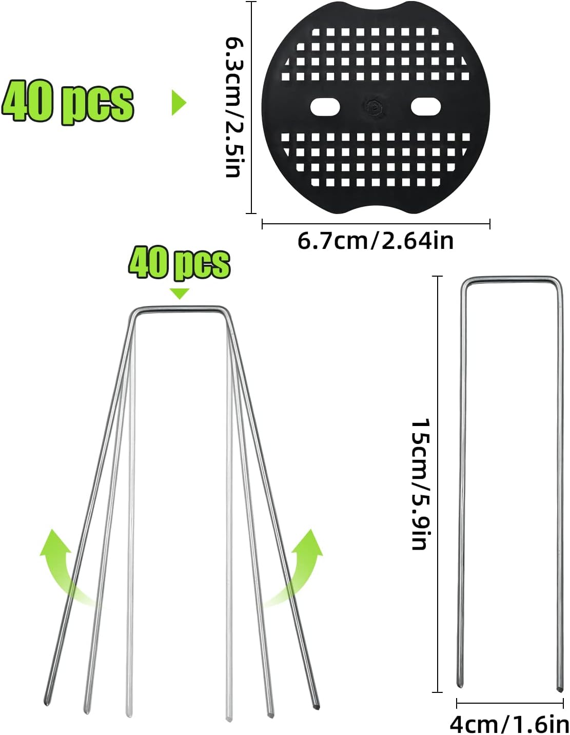 40 Pack 6 Inch Landscape Staples & 40pcs Fixing Gasket Sets, Garden Stakes Galvanized Steel Fabric Pins Heavy-Duty U Shape Sod Turf Pins for Ground Weed Fabric Barrier, Orchard, Yard, Tents