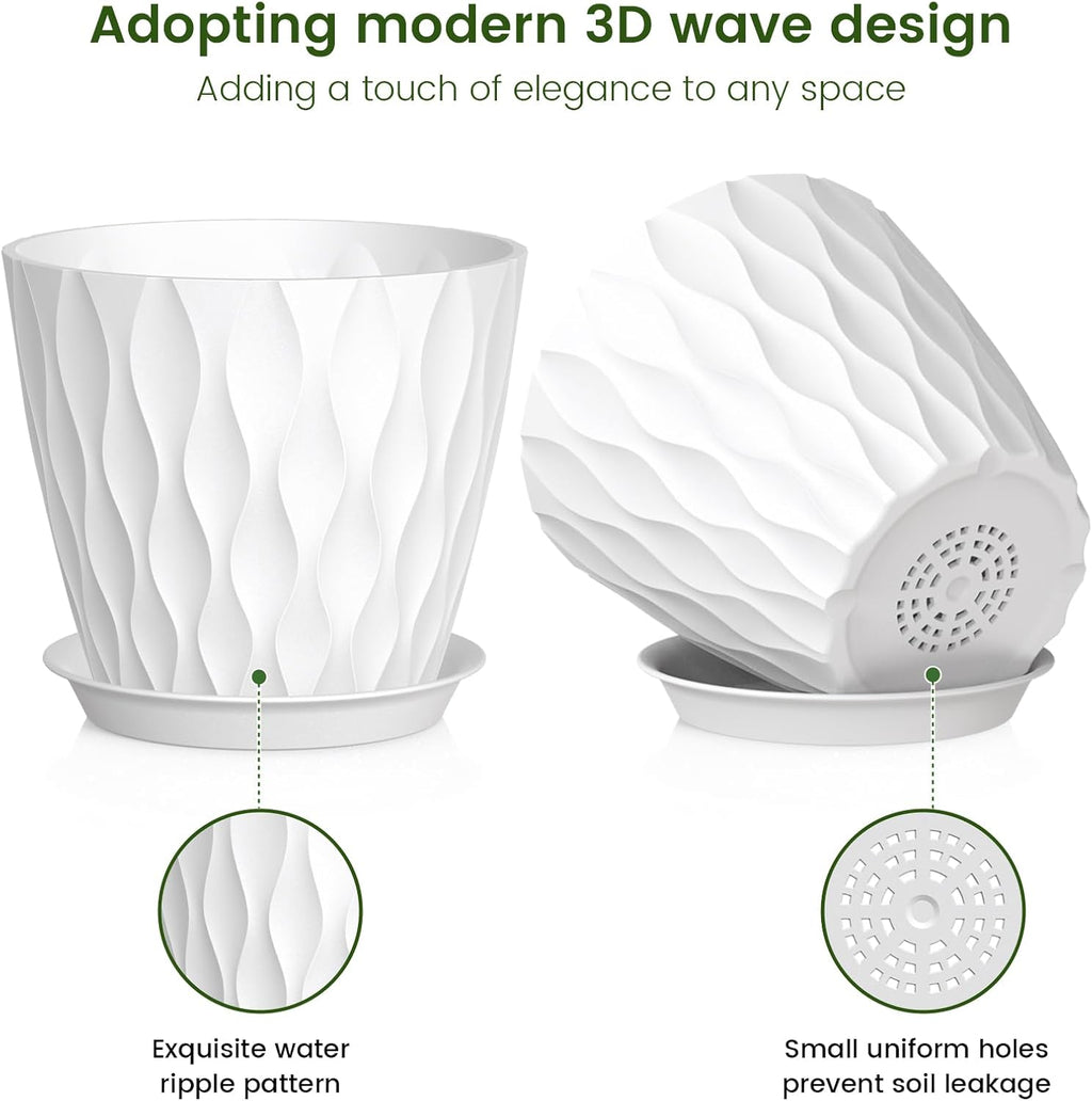 7 inch Plant Pots for Indoor Outdoor Plants, 5 Pack Thick Nursery Pots with Drainage Holes and Saucers, 3D Modern Wave Texture Plastic Planter Pots for Flowers and House Plants, Multicolor