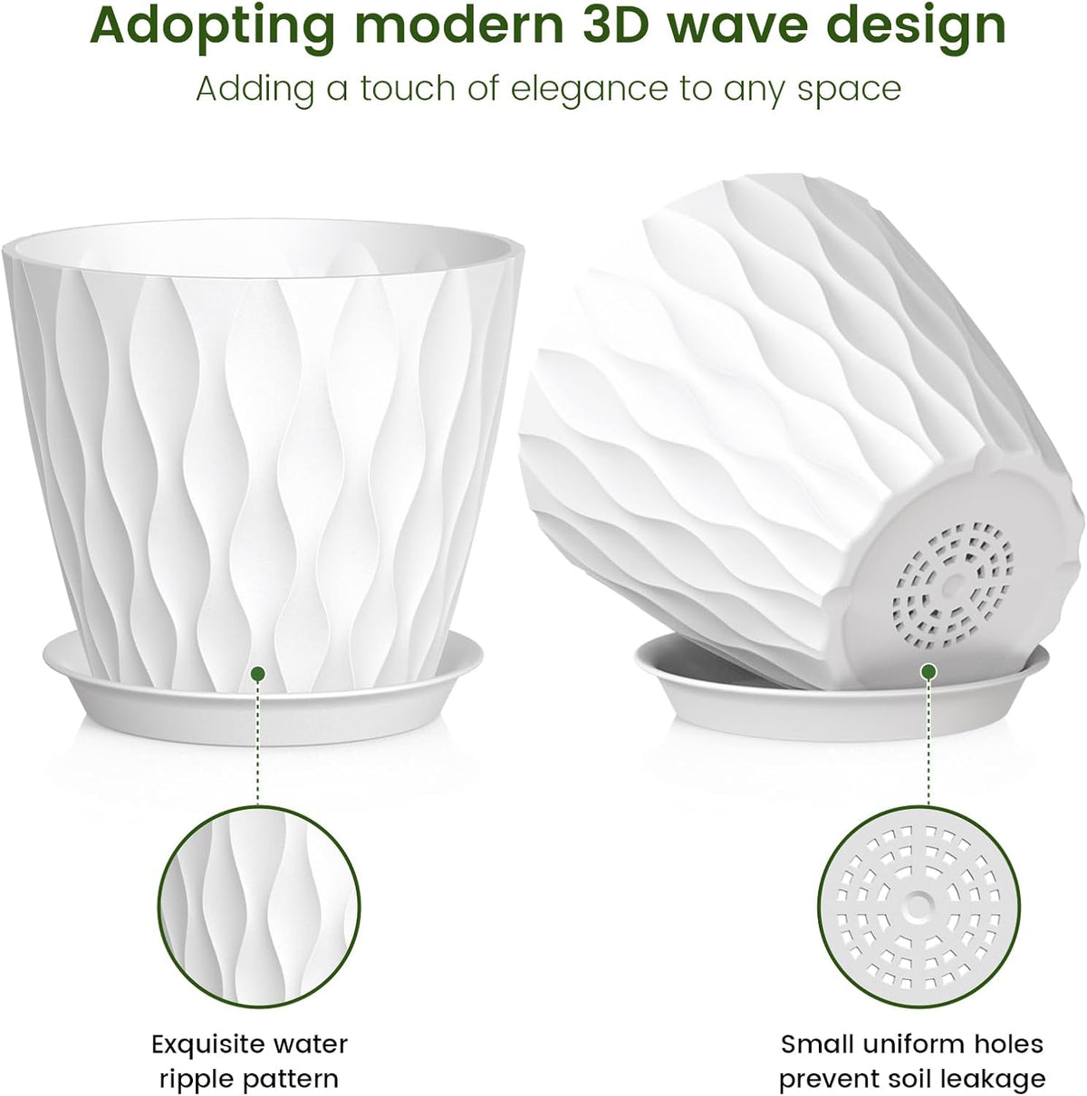 7 inch Plant Pots for Indoor Outdoor Plants, 5 Pack Thick Nursery Pots with Drainage Holes and Saucers, 3D Modern Wave Texture Plastic Planter Pots for Flowers and House Plants, White