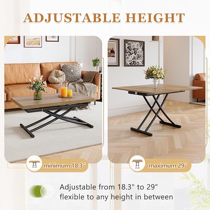 4 in 1 Folding Dining Table with Adjustable Lift Top & Wheels, Multi-Function Coffee Table to Dining Table for Apartments, Kitchens, Living Rooms, Scratch-Resistant & Easy Assembly