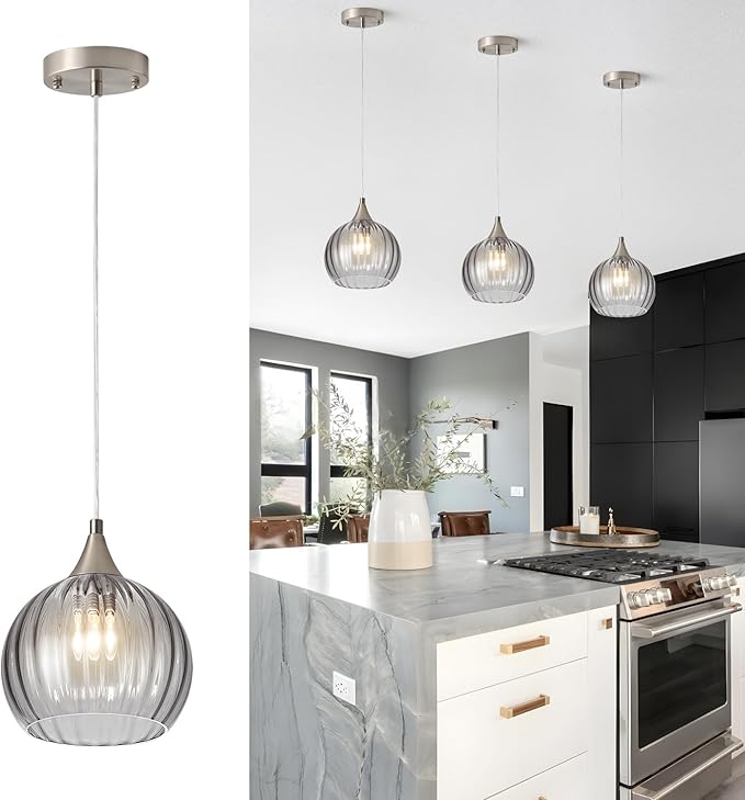 Brushed Nickel Pendant Lights Kitchen Island, Globe Pendant Light Fixtures with 8 Inch Clear Glass Shade, Modern Hanging Light Fixtures for Kitchen, Bedroom (1 Pack - Gray Glass Pendant Light)