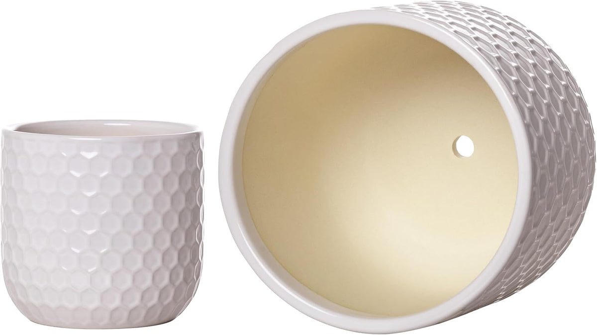 Docrin Plant Pots Indoor with Drainage: 6.4+5.3+4 Inch Ceramic Flower Pots for Plants - Set of 3 Modern Decorative Planters for House/Office/Gift - White Honeycomb