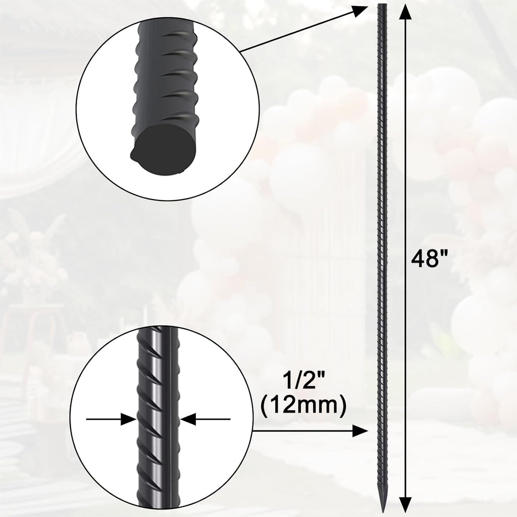 Ground Rebar Stakes 48 Inch 1/2 Inch Diameter Heavy Duty Metal Spikes with Chisel Point End Landscpe Timber Spikes Concrete Stakes for Garden Camping Plant Support, Black Coated (16 Pcs)