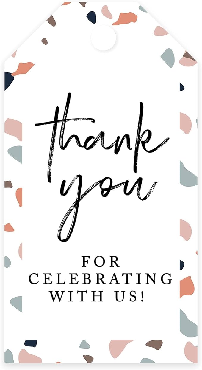 Andaz Press 100-Pack Thank You for Celebrating with Us Favor Tags Terrazzo Cardstock Gift Tags with Bakers Twine for Wedding Baby Shower Bridal Shower Birthday Party Favors 2 x 3.75-Inches