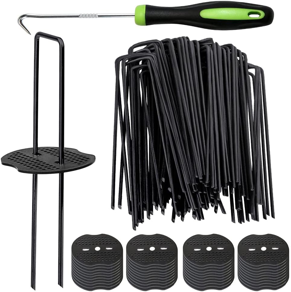 Bakulyor 100pcs Black Landscape Staples + 100pcs Buffer Washer, 6 Inch 11 Gauge Garden Stakes Staples, U Shaped Galvanized Lawn Pins Heavy Duty Yard Ground Pin for Weed Barrier Sod Fabric Decorations