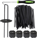 Bakulyor 100pcs Black Landscape Staples + 100pcs Buffer Washer, 6 Inch 11 Gauge Garden Stakes Staples, U Shaped Galvanized Lawn Pins Heavy Duty Yard Ground Pin for Weed Barrier Sod Fabric Decorations