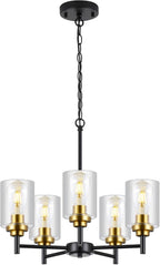 9MMML 5 Lights Glass Chandelier,Modern Kitchen Island Lighting Black and Gold Metal Dining Room Light Fixture for Living Room Foyer,E26