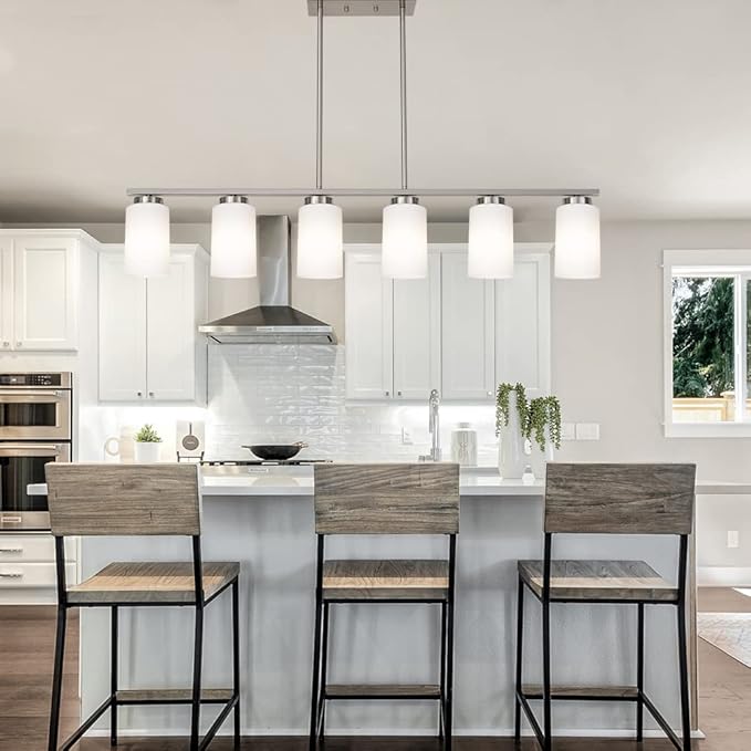 6-Lights Farmhouse Pendant Light Fixture Kitchen Island Lights with Opal White Glass Shade, Hanging Ceiling Light in Brushes Nickel for Dining Room Home Lighting