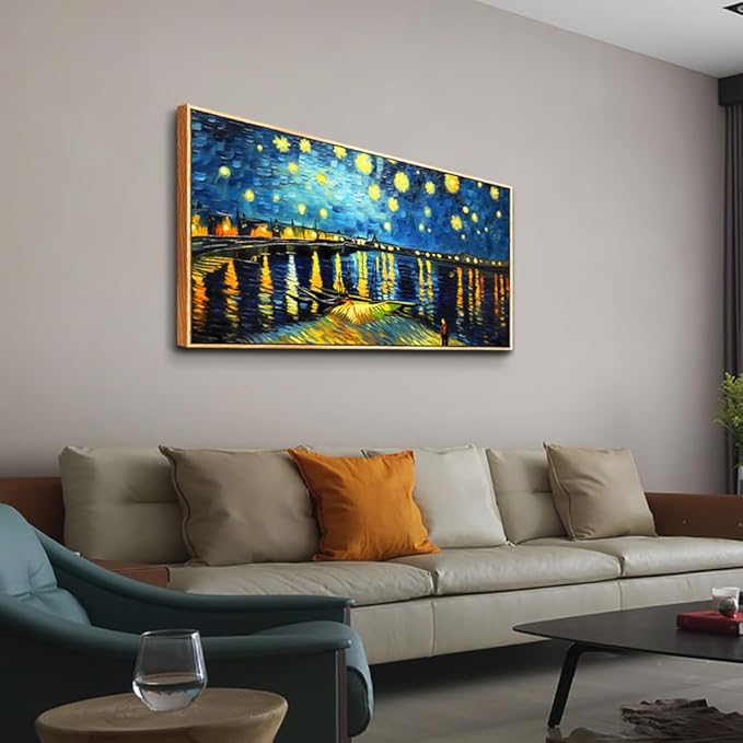 hyidecorart Wood Framed Wall Art For Living Room Large Canvas Wall Decor For Office Modern Bedroom Decoration Night Scene Wall Paintings Abstract Blue Vintage Pictures Artwork Home Decor 20x40