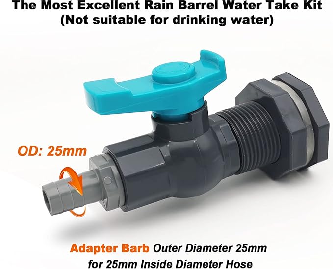 Rain Barrel Spigot PVC Faucet Kit with Bulkhead Fitting, Ball Valve, Garden Hose Barb Adapter, Pipe Clamps, Thread Seal Tape (for 25mm ID Hose)