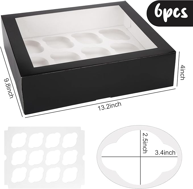 VGOODALL 12 Count Cupcake Boxes, 6PCS Halloween Cupcake Holder with Window Black Pastry Boxes for Birthday Holiday Halloween Party Bakery Supplies