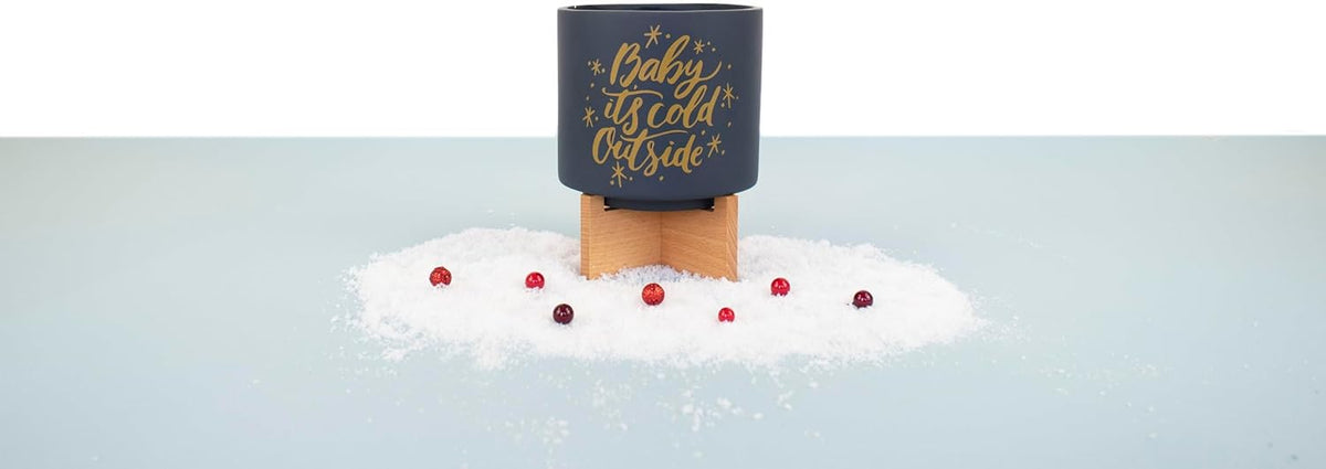 Ceramic Holiday Planter Pot with Wood Stand, Baby It's Cold Outside Design, Navy Blue & Gold, Holds 4" House Plant or Succulent, Festive Winter Christmas Home Decor