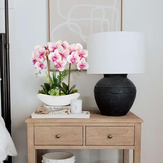 Briful Pink Orchid Artificial Flowers 18in Fake Orchid Silk Flowers with Ceramic Pot Faux Orchid Arrangement for Home Office Room Table Shelf Modern Decoration