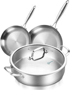 LOLYKITCH 12 Inch Tri-ply Stainless Steel 5.5 QT Sauté Pan and 8-10 Inch Frying Pan Set of 3,Induction Cookware,Dishwasher and Oven Safe.