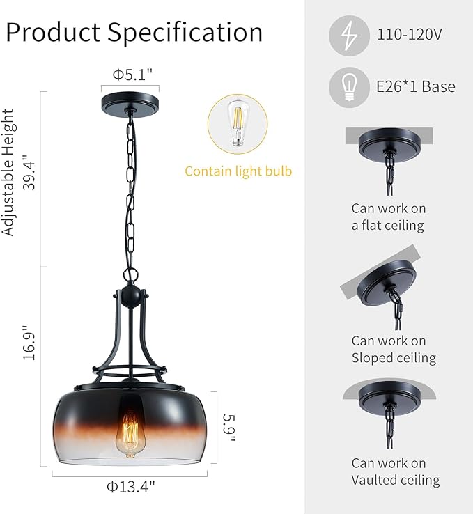 WUZUPS Chandelier Rustic Farmhouse Industrial Round Ceiling Pendant LED Light Fixture with Amber Gradient Black Glass Shades for Dining Room Kitchen Island Foyer Entryway, H 17" x W 13.4", E26 Base