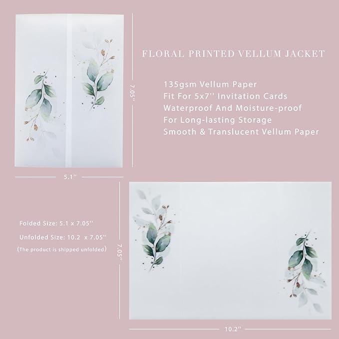 PONATIA 50PCS Vellum Jackets for 5x7 Invitation Cards - 135GSM Green Leaves Vellum Sleeves, 5x7'' Clear Jackets Wedding Invitations Wraps - Transparent Card Jackets