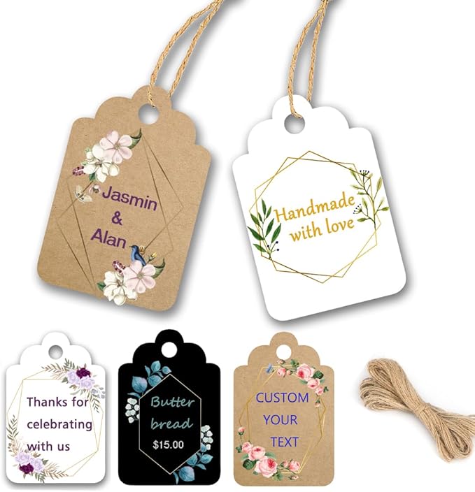 Custom Gift Tags with String, Personalized Tags for Favors, Customized Gifts Wrapping Labels, Wedding Items Birthday Party Favors Crafts Tag (Rectangle Shape)