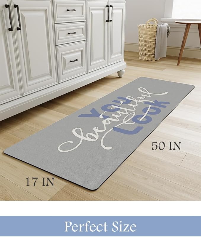 MontVoo-Bath Mat Rug Long Non Slip Super Absorbent Bathroom Runner Stain Resistant Quick Dry Thin Bathroom Mat Fit Under Door-17"x59",Blue-Look
