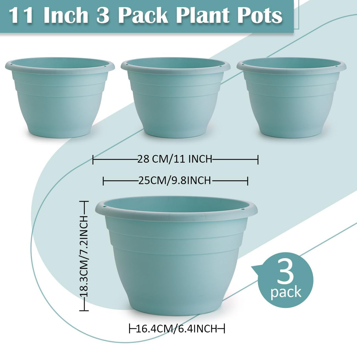 3 Pack 11 Inch Plant Pots with Drainage Hole and Plug, Durable Plastic Flower Pots for Indoor & Outdoor Plants, Elegant Mordern Plant Pots Perfect for Herbs, Flowers & Succulents, Blue