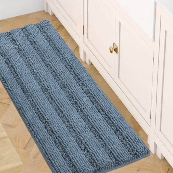 H.VERSAILTEX Bath Rugs for Bathroom Washable Non Slip Extra Thick Chenille Striped Bath Mat Rug Runners 47" x 17" Absorbent Fluffy Soft Shaggy Mats Plush Area Carpet for Bath Room, Tub - Stone Blue