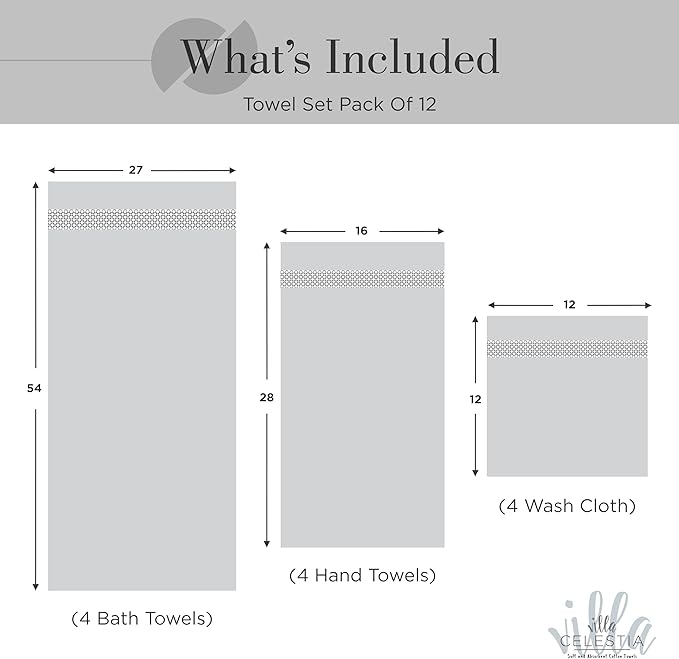 100% Cotton Bath Towel Set of 12-4 Bath Towels, 4 Hand Towels, 4 Wash Cloths, Sustainable, Soft, Highly Absorbent, Combed Cotton 12 Piece Set for Hotels, Spa, Bathroom, Dorm, Black