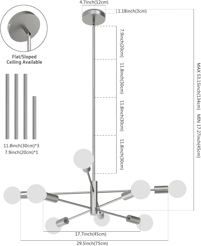 Modern Chandelier, 53 InchH Sputnik Ceiling Light Dining Room Light Fixtures Over Table Height Adjustable Mid Century Hanging Light E26 Pendant Lighting for Bedroom Kitchen Foyer 8-Light Silver
