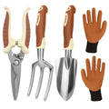 Patioland Brown Garden Tool Set 4-Piece, Trowel, Fork, Pruning Shear&Gloves
