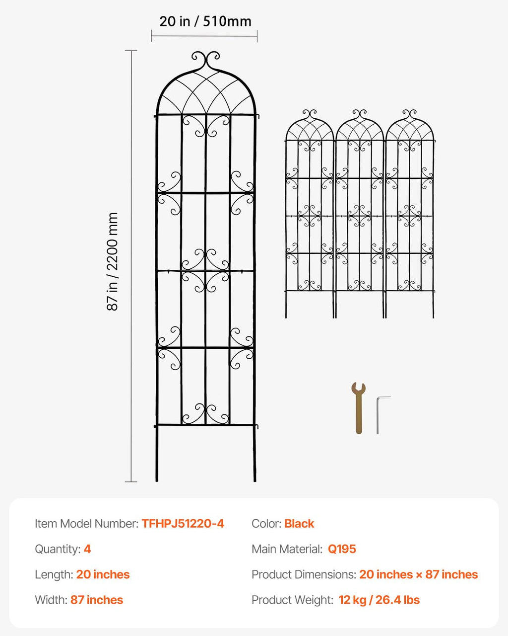 VEVOR Garden Trellis for Climbing Plants, 87 x 20 in, 4 Packs Rustproof Metal Garden Flower Rose Trellis, Outdoor Climbing Clematis Trellis Cucumbers Support for Courtyards Lawns