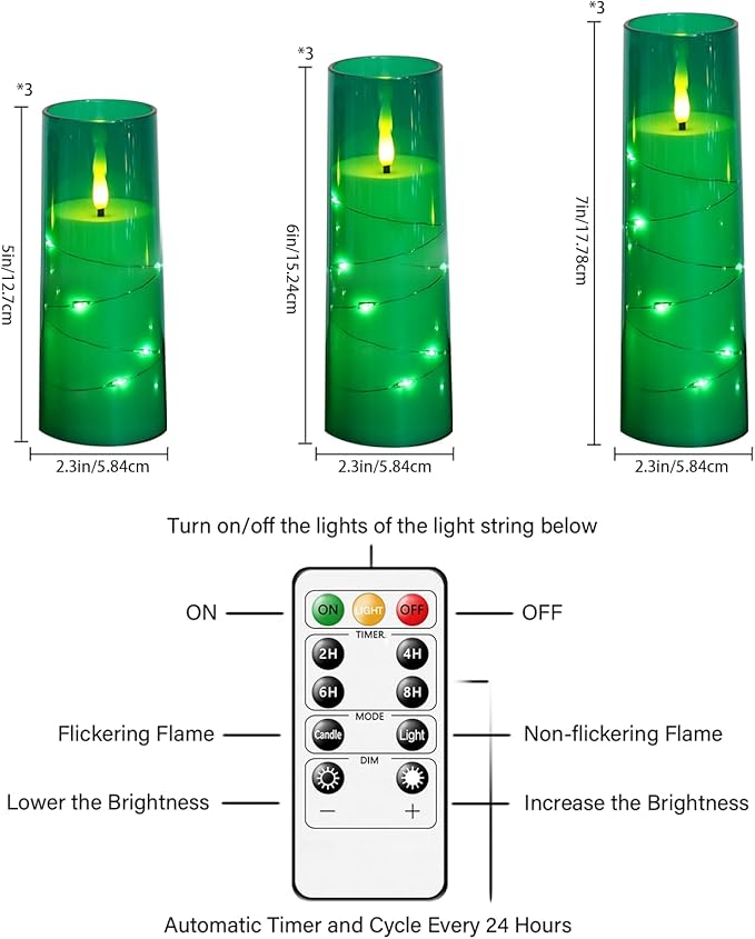 Flameless LED Candles with Timer 9 Pc Flickering Flameless Candles for Romantic Ambiance and Home Decoration Stable Acrylic Shell,with Embedded Star String，Battery Operated Candles（Green）