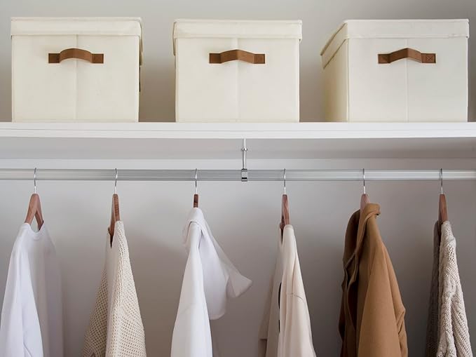 StorageWorks Storage Bins with Lids, Decorative Storage Boxes with Lid and PU Handles, Foldable Storage Baskets for Closet, Shelves, Stackable, Ivory White, Jumbo, 3-Pack