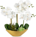 Briful Orchid Artificial Flowers 17in White Fake Orchid Silk Flowers with Gold Ceramic Pot Faux Orchid Arrangement for Home Office Room Coffee Table Centerpiece Modern Decoration