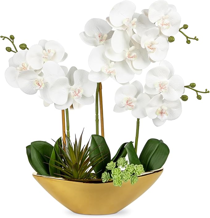 Briful Orchid Artificial Flowers 17in White Fake Orchid Silk Flowers with Gold Ceramic Pot Faux Orchid Arrangement for Home Office Room Coffee Table Centerpiece Modern Decoration