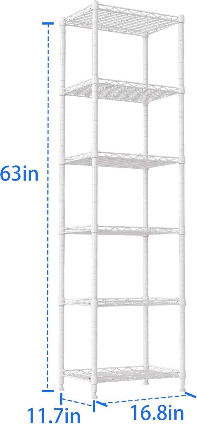 REGILLER 6 Wire Shelving Steel Storage Rack Adjustable Unit Shelves for Laundry Bathroom Kitchen Pantry Closet(White,11.7" D x 16.8" W x 63" H)