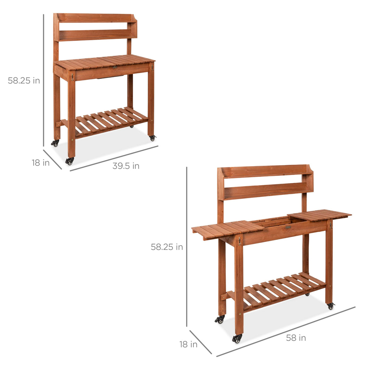 Best Choice Products Mobile Garden Potting Bench, Outdoor Wood Workstation Table w/Sliding Tabletop, 4 Locking Wheels, Food Grade Dry Sink, Storage Shelves - Brown