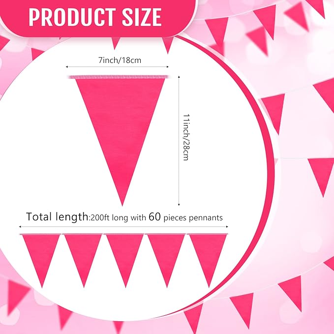 Tatuo 200 Feet Solid Pennant Banners Flags String Triangle Hanging DIY Bunting Flags Party Decorations for Grand Opening Party Banners for Kids Birthday, Shops (Pink)