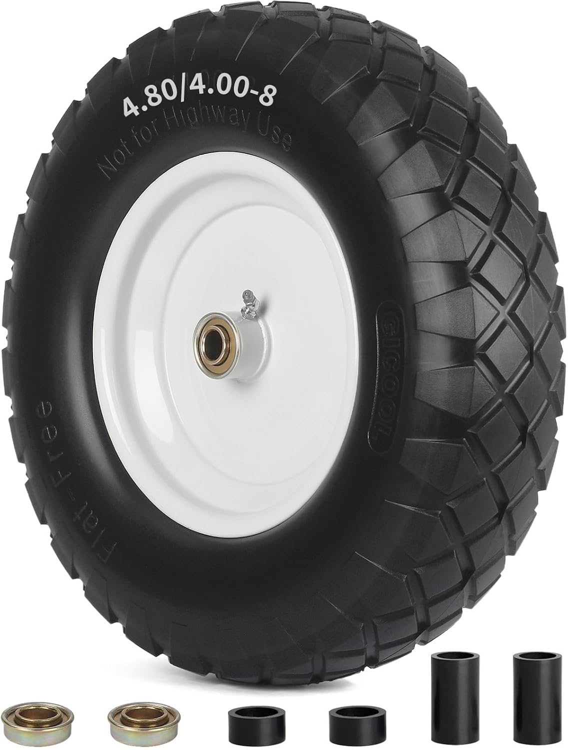 4.80/4.00-8" Wheelbarrow Tire, 16" Flat-Free Solid Tire and Wheel, 3-6" Centered Hub, 5/8" & 3/4" Bearing, For Broadcast Spreader Garden Wagon Cart Trolley Dolly (1 Pack)